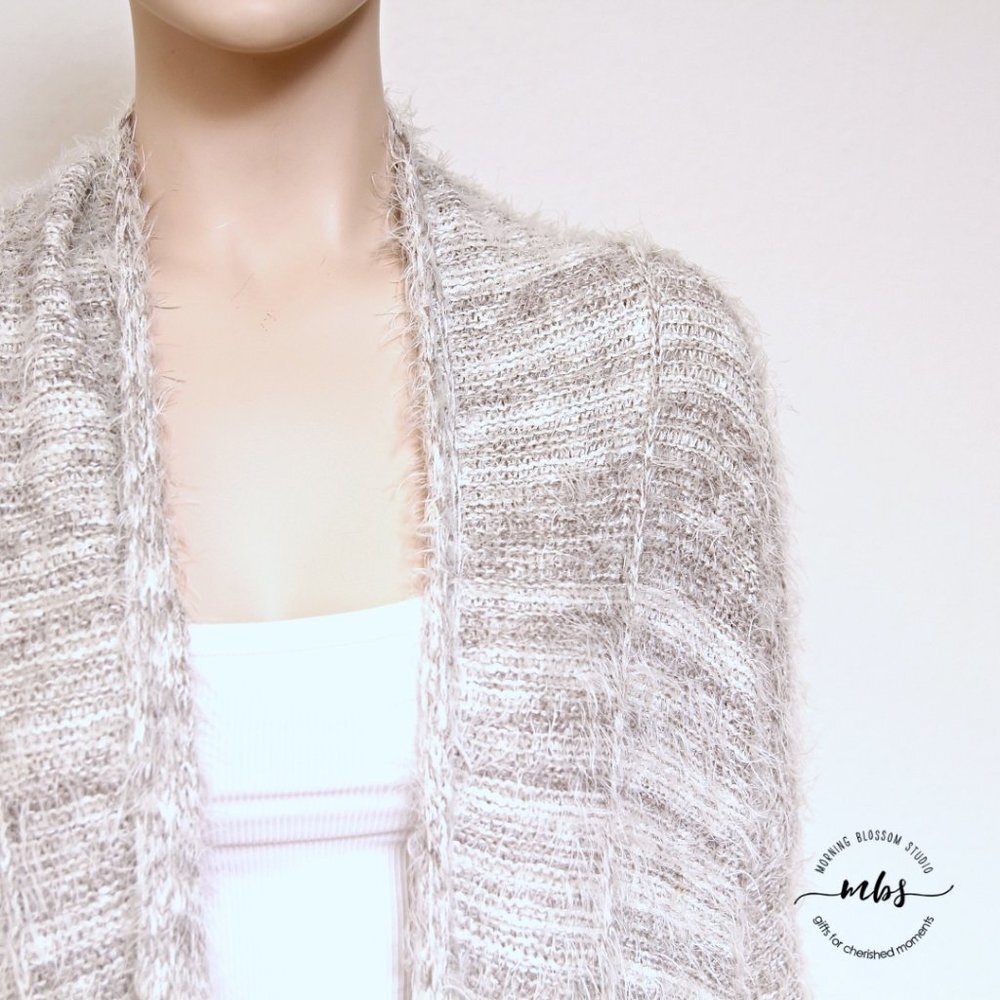 Lazy Sweater Fuzzy Fringe Open Cardigan Gray Whit… - image 3